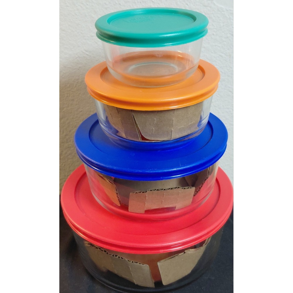 Pyrex Glass Food Storage Containers Set of 4 Round Multicolor Lids NEW